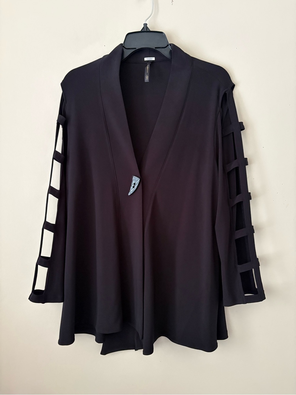 IC by Connie K Black Asymmetrical Cardigan with Ladder Sleeve Detail sz.L